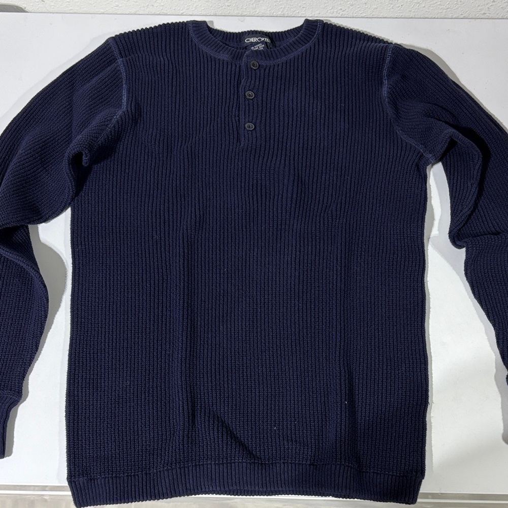 Cherokee Navy Blue Henley Wool Knit Sweater Small